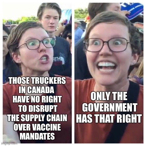Social Justice Warrior Hypocrisy |  ONLY THE 
GOVERNMENT HAS THAT RIGHT; THOSE TRUCKERS 
IN CANADA  
HAVE NO RIGHT 
TO DISRUPT
THE SUPPLY CHAIN 
OVER VACCINE 
MANDATES | image tagged in social justice warrior hypocrisy | made w/ Imgflip meme maker