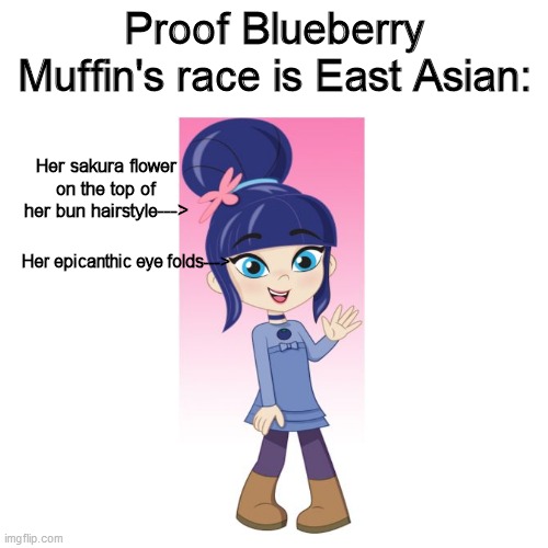 Blueberry Muffin is confirmed to be East Asian descended | Proof Blueberry Muffin's race is East Asian:; Her sakura flower on the top of her bun hairstyle--->; Her epicanthic eye folds---> | image tagged in memes,blank transparent square,strawberry shortcake,strawberry shortcake berry in the big city,not racist,funny memes | made w/ Imgflip meme maker