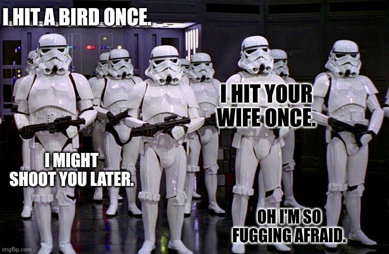 Stormtrooper insults | I HIT A BIRD ONCE. I HIT YOUR WIFE ONCE. I MIGHT SHOOT YOU LATER. OH I'M SO FUGGING AFRAID. | image tagged in imperial stormtroopers,stormtrooper,insults,star wars | made w/ Imgflip meme maker