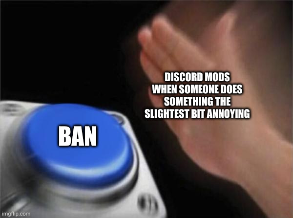 Blank Nut Button Meme | DISCORD MODS WHEN SOMEONE DOES SOMETHING THE SLIGHTEST BIT ANNOYING; BAN | image tagged in memes,blank nut button | made w/ Imgflip meme maker