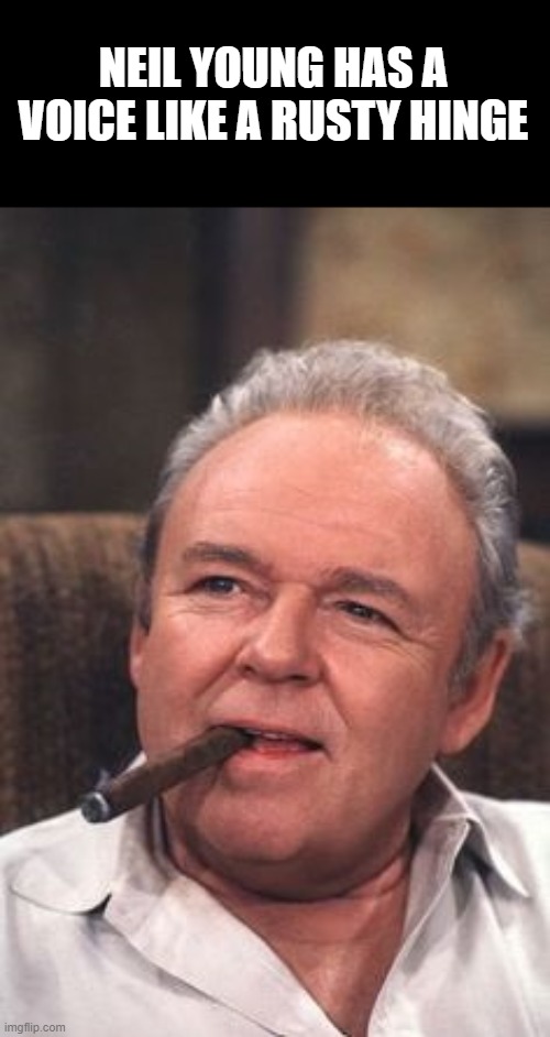good song writer tho. | NEIL YOUNG HAS A VOICE LIKE A RUSTY HINGE | image tagged in archie bunker,young,politics | made w/ Imgflip meme maker