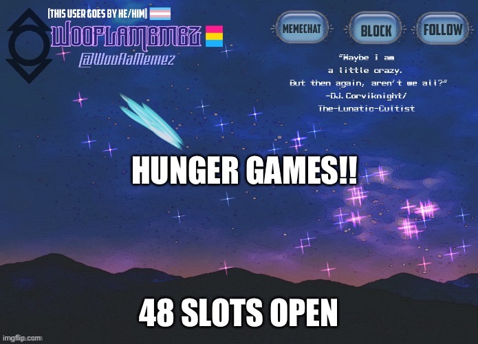 :D | HUNGER GAMES!! 48 SLOTS OPEN | image tagged in wooflamemez announcement template | made w/ Imgflip meme maker