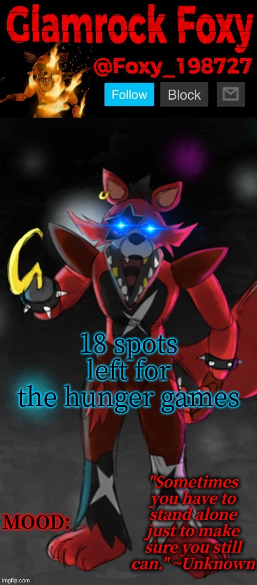 1-2 oc per person | 18 spots left for the hunger games | image tagged in glamrock foxy announcement template | made w/ Imgflip meme maker