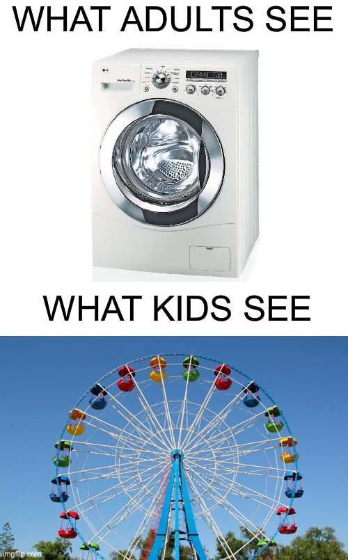 This is dangerous IRL tho | WHAT ADULTS SEE; WHAT KIDS SEE | image tagged in parents vs kids,roller coaster,washing machine,rollercoaster,memes,funny | made w/ Imgflip meme maker