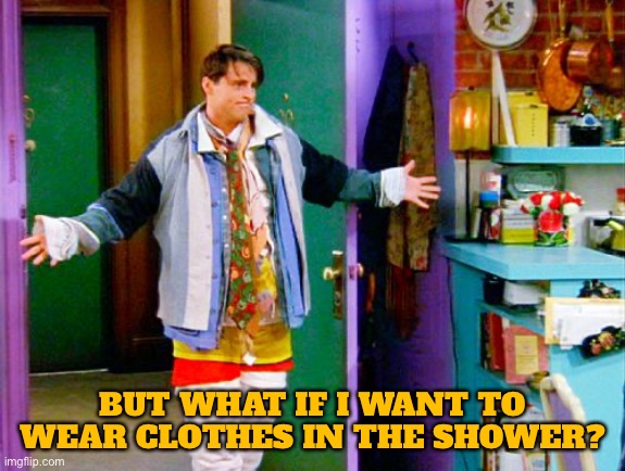 Joey clothes | BUT WHAT IF I WANT TO WEAR CLOTHES IN THE SHOWER? | image tagged in joey clothes | made w/ Imgflip meme maker