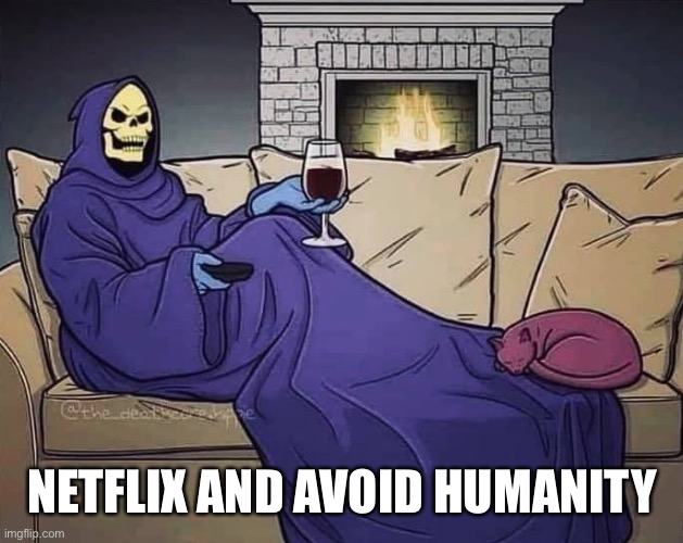 Netflix and Avoid Humanity |  NETFLIX AND AVOID HUMANITY | image tagged in skeletor,netflix,netflix and chill | made w/ Imgflip meme maker