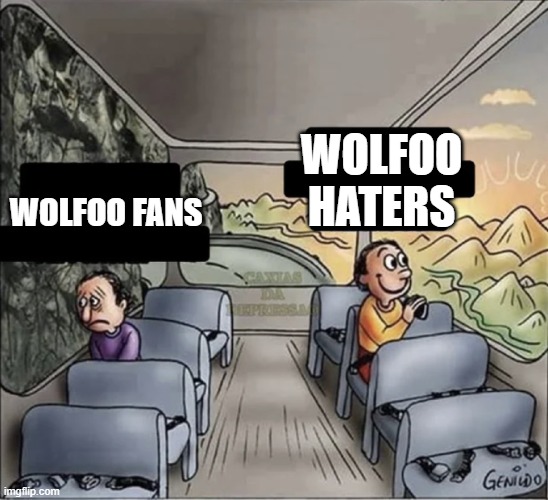 Wolfoo | WOLFOO HATERS; WOLFOO FANS | image tagged in two guys on a bus | made w/ Imgflip meme maker