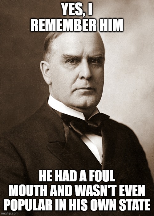 William McKinley | YES, I REMEMBER HIM HE HAD A FOUL MOUTH AND WASN'T EVEN POPULAR IN HIS OWN STATE | image tagged in william mckinley | made w/ Imgflip meme maker