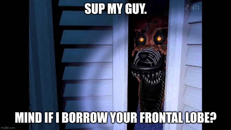 Fnaf 4 meme | SUP MY GUY. MIND IF I BORROW YOUR FRONTAL LOBE? | image tagged in foxy fnaf 4 | made w/ Imgflip meme maker