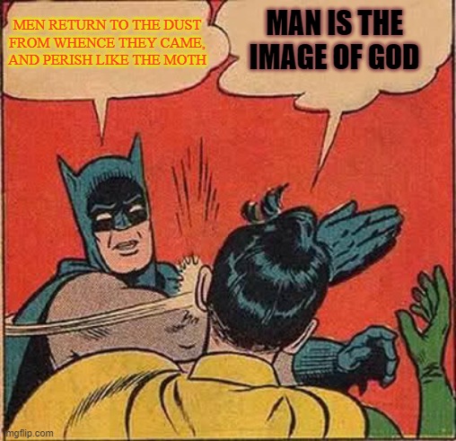 men return to the dust from whence they came, and perish like the moth. | MAN IS THE IMAGE OF GOD; MEN RETURN TO THE DUST
FROM WHENCE THEY CAME,
AND PERISH LIKE THE MOTH | image tagged in batman slapping robin reverse | made w/ Imgflip meme maker