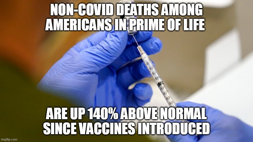 You libs didn't want to listen, you're ever so smarter than everyone else. | NON-COVID DEATHS AMONG AMERICANS IN PRIME OF LIFE; ARE UP 140% ABOVE NORMAL SINCE VACCINES INTRODUCED | image tagged in covid vaccine,covidiots,liberal logic,stupid liberals,election fraud | made w/ Imgflip meme maker