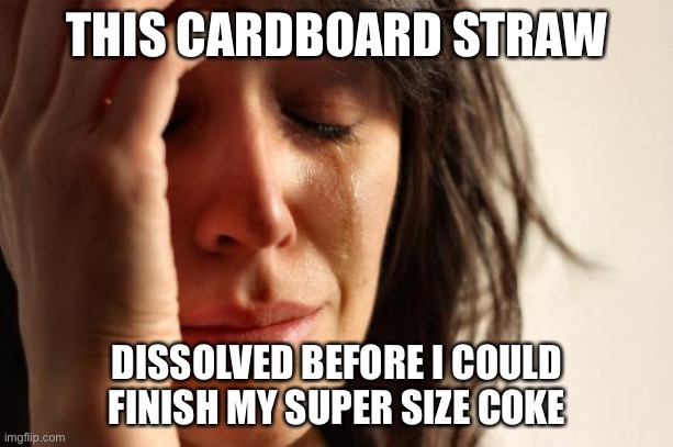 First World Problems | THIS CARDBOARD STRAW; DISSOLVED BEFORE I COULD FINISH MY SUPER SIZE COKE | image tagged in memes,first world problems,turtles,plastic straws,true story,new normal | made w/ Imgflip meme maker