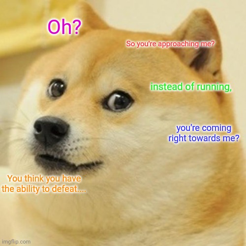 Random dog battle | Oh? So you're approaching me? instead of running, you're coming right towards me? You think you have the ability to defeat.... | image tagged in memes,doge | made w/ Imgflip meme maker