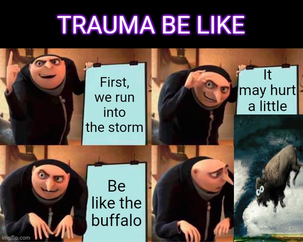 Gru's Plan | TRAUMA BE LIKE; It may hurt a little; First, we run into the storm; Be like the buffalo | image tagged in memes,gru's plan | made w/ Imgflip meme maker