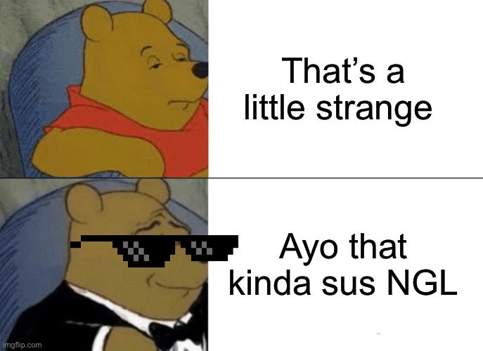 Tuxedo Winnie The Pooh Meme | That’s a little strange; Ayo that kinda sus NGL | image tagged in memes,tuxedo winnie the pooh | made w/ Imgflip meme maker