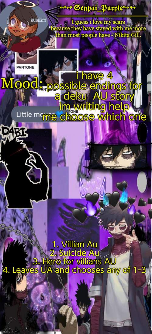 Dabi Temp :D | i have 4 possible endings for a deku  AU story im writing help me choose which one; 1. Villian Au
2. Suicide Au
3. Hero for villians AU
4. Leaves UA and chooses any of 1-3 | image tagged in yes i made this a temp yet another anime boy temp uwu | made w/ Imgflip meme maker