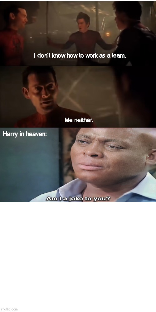 I don't know how to work as a team. Me neither. Harry in heaven: | image tagged in spiderman | made w/ Imgflip meme maker