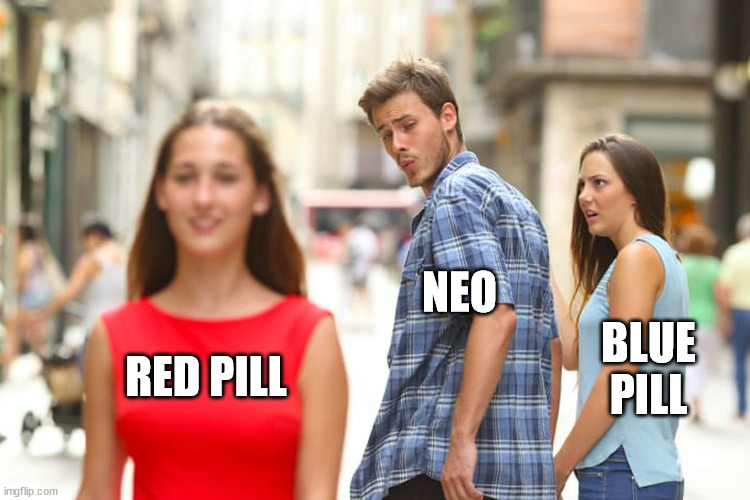 Distracted Boyfriend Meme | NEO; BLUE PILL; RED PILL | image tagged in memes,distracted boyfriend | made w/ Imgflip meme maker