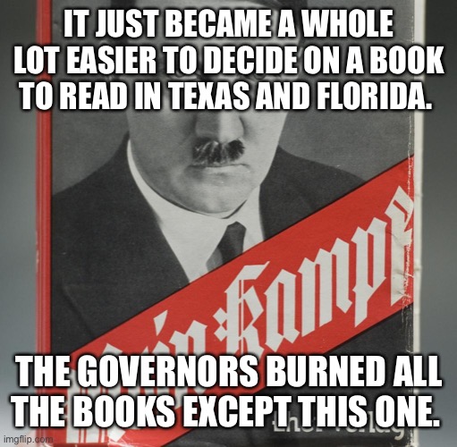 Mein Kampf | IT JUST BECAME A WHOLE LOT EASIER TO DECIDE ON A BOOK TO READ IN TEXAS AND FLORIDA. THE GOVERNORS BURNED ALL THE BOOKS EXCEPT THIS ONE. | image tagged in mein kampf | made w/ Imgflip meme maker