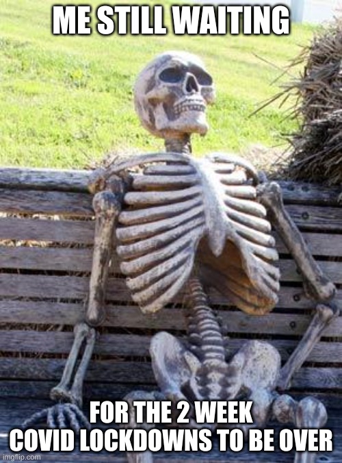 Waiting Skeleton | ME STILL WAITING; FOR THE 2 WEEK COVID LOCKDOWNS TO BE OVER | image tagged in memes,waiting skeleton,covid-19,funny,memes i guess,politics question mark | made w/ Imgflip meme maker