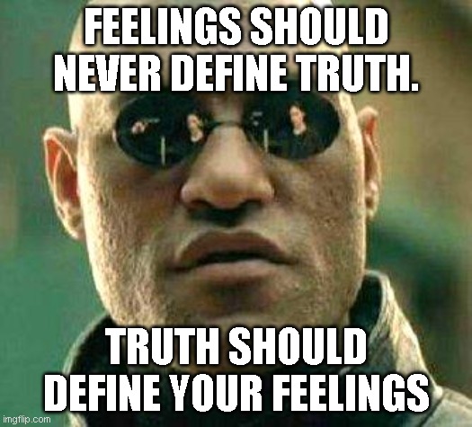 Wisdom | FEELINGS SHOULD NEVER DEFINE TRUTH. TRUTH SHOULD DEFINE YOUR FEELINGS | image tagged in what if i told you | made w/ Imgflip meme maker