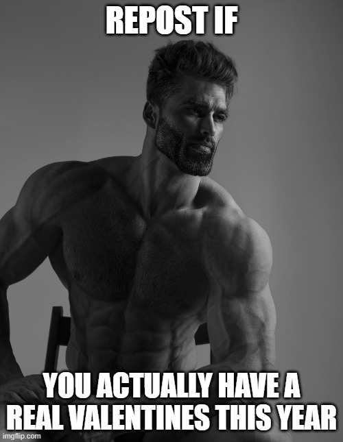lmfao I have a bf to spend Valentines with | REPOST IF; YOU ACTUALLY HAVE A REAL VALENTINES THIS YEAR | image tagged in giga chad | made w/ Imgflip meme maker