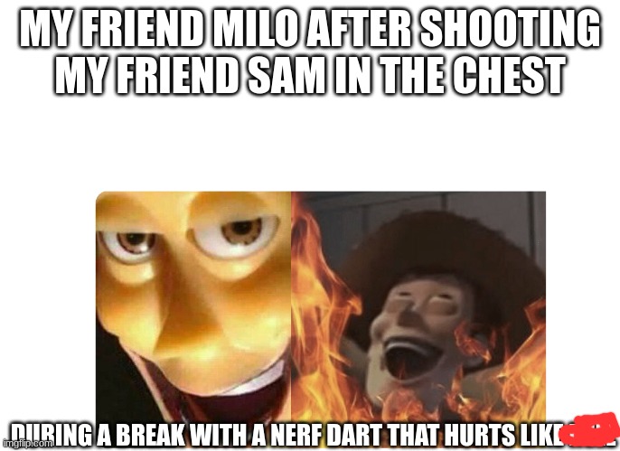 it's still funny to me | MY FRIEND MILO AFTER SHOOTING MY FRIEND SAM IN THE CHEST; DURING A BREAK WITH A NERF DART THAT HURTS LIKE HELL | image tagged in satanic woody | made w/ Imgflip meme maker