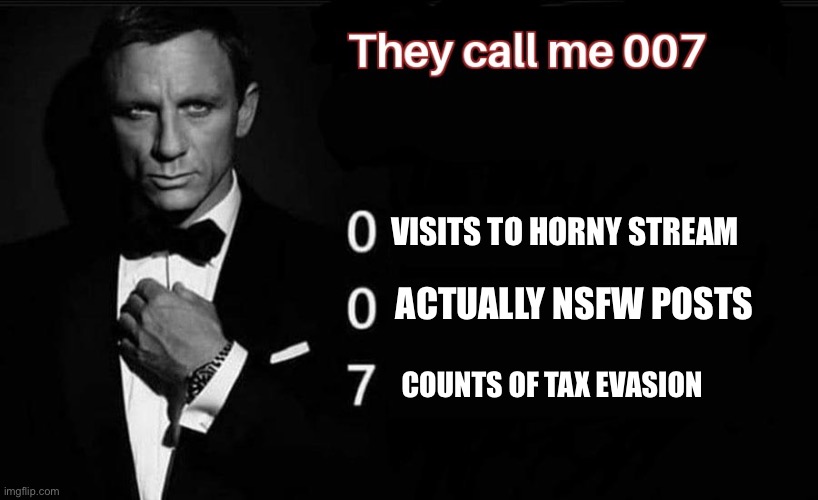*chad stare* | ACTUALLY NSFW POSTS; VISITS TO HORNY STREAM; COUNTS OF TAX EVASION | image tagged in they call me 007 | made w/ Imgflip meme maker