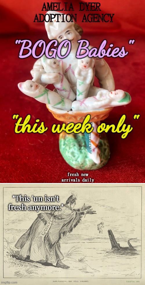 What Inspired this Odd Porcelain Figurine? | "BOGO Babies" "this week only" fresh new arrivals daily AMELIA DYER 
ADOPTION AGENCY "This 'un isn't
fresh anymore." | made w/ Imgflip meme maker