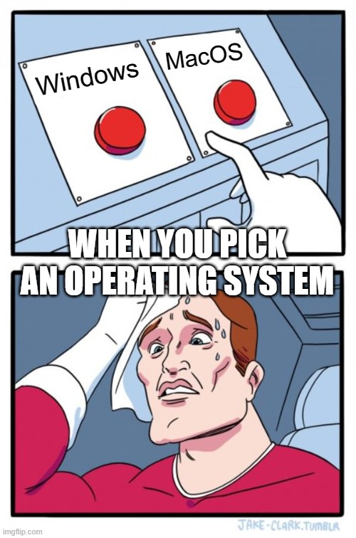 another! | MacOS; Windows; WHEN YOU PICK AN OPERATING SYSTEM | image tagged in memes,two buttons,windows vs mac,apple,microsoft,macos | made w/ Imgflip meme maker
