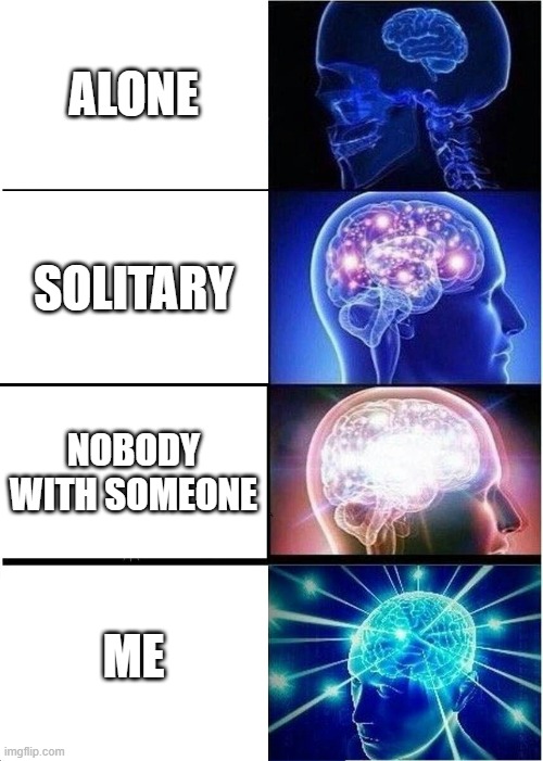 alone. | ALONE; SOLITARY; NOBODY WITH SOMEONE; ME | image tagged in memes,expanding brain | made w/ Imgflip meme maker