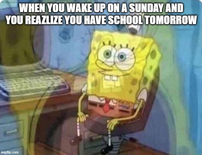 rip | WHEN YOU WAKE UP ON A SUNDAY AND YOU REAZLIZE YOU HAVE SCHOOL TOMORROW | image tagged in spongebob screaming inside | made w/ Imgflip meme maker