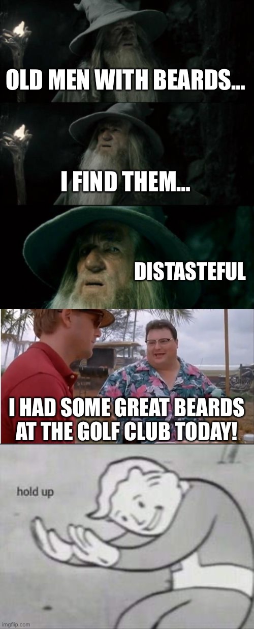 Beards | OLD MEN WITH BEARDS…; I FIND THEM…; DISTASTEFUL; I HAD SOME GREAT BEARDS AT THE GOLF CLUB TODAY! | image tagged in memes,confused gandalf,see nobody cares,fallout hold up | made w/ Imgflip meme maker