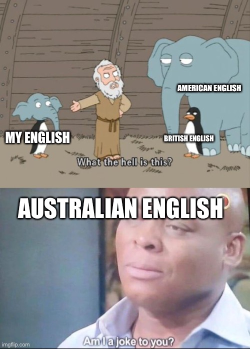 AMERICAN ENGLISH; BRITISH ENGLISH; MY ENGLISH; AUSTRALIAN ENGLISH | image tagged in what the hell is this,am i a joke to you,memes,funny,australia,english | made w/ Imgflip meme maker