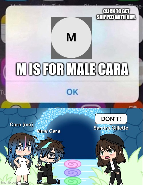 Sandra Gillette is Male Cara's GF and also Cara. | CLICK TO GET SHIPPED WITH HIM. M IS FOR MALE CARA | image tagged in iphone notification,pop up school,memes,gacha life,sandra,love | made w/ Imgflip meme maker
