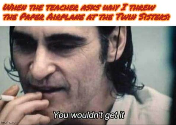 You wouldn't get it | When the teacher asks why I threw the Paper Airplane at the Twin Sisters: | image tagged in you wouldn't get it | made w/ Imgflip meme maker