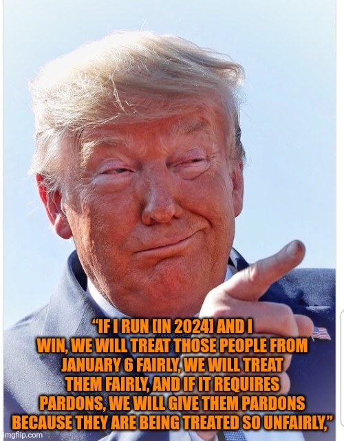 Big brain | “IF I RUN [IN 2024] AND I WIN, WE WILL TREAT THOSE PEOPLE FROM JANUARY 6 FAIRLY, WE WILL TREAT THEM FAIRLY, AND IF IT REQUIRES PARDONS, WE WILL GIVE THEM PARDONS BECAUSE THEY ARE BEING TREATED SO UNFAIRLY,” | image tagged in trump pointing | made w/ Imgflip meme maker