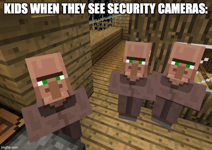 when I see this picture, I have a sudden urge to punch those villagers in their weird faces | KIDS WHEN THEY SEE SECURITY CAMERAS: | image tagged in minecraft villagers | made w/ Imgflip meme maker
