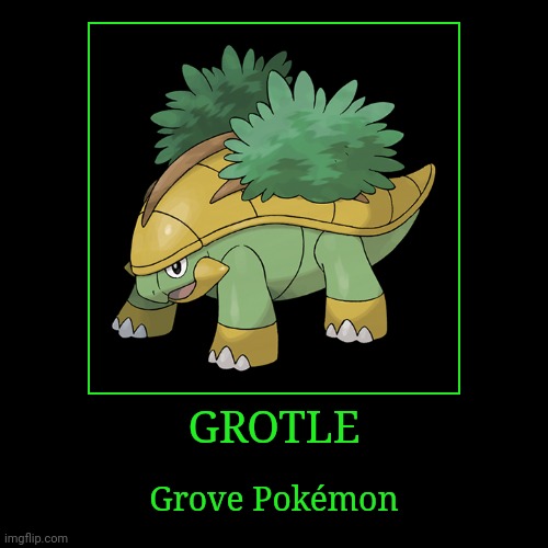 Grotle | GROTLE | Grove Pokémon | image tagged in demotivationals,pokemon,grotle | made w/ Imgflip demotivational maker