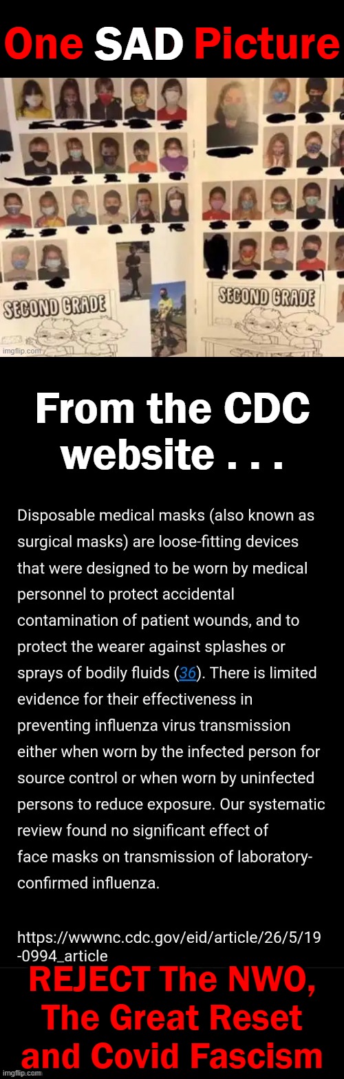 Quit Using Our CHILDREN as CONTROL Subjects | SAD; One SAD Picture; From the CDC website . . . REJECT The NWO,
The Great Reset
and Covid Fascism | image tagged in politics,nwo,covid,masks,children,control | made w/ Imgflip meme maker