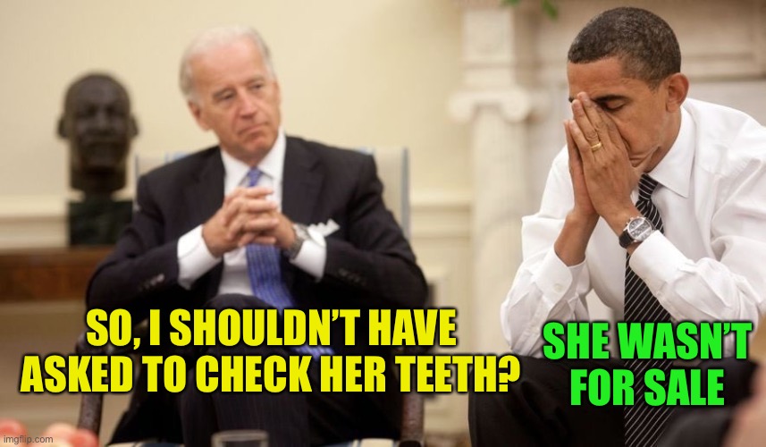 Biden Obama | SO, I SHOULDN’T HAVE ASKED TO CHECK HER TEETH? SHE WASN’T FOR SALE | image tagged in biden obama | made w/ Imgflip meme maker