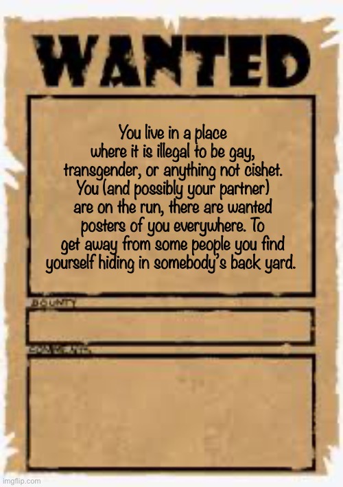No powers, no op ocs, no joke/militaryOC, max of two ocs, you can have a different reason for being in the back yard if approved | You live in a place where it is illegal to be gay, transgender, or anything not cishet. You (and possibly your partner) are on the run, there are wanted posters of you everywhere. To get away from some people you find yourself hiding in somebody’s back yard. | image tagged in wanted poster deluxe | made w/ Imgflip meme maker