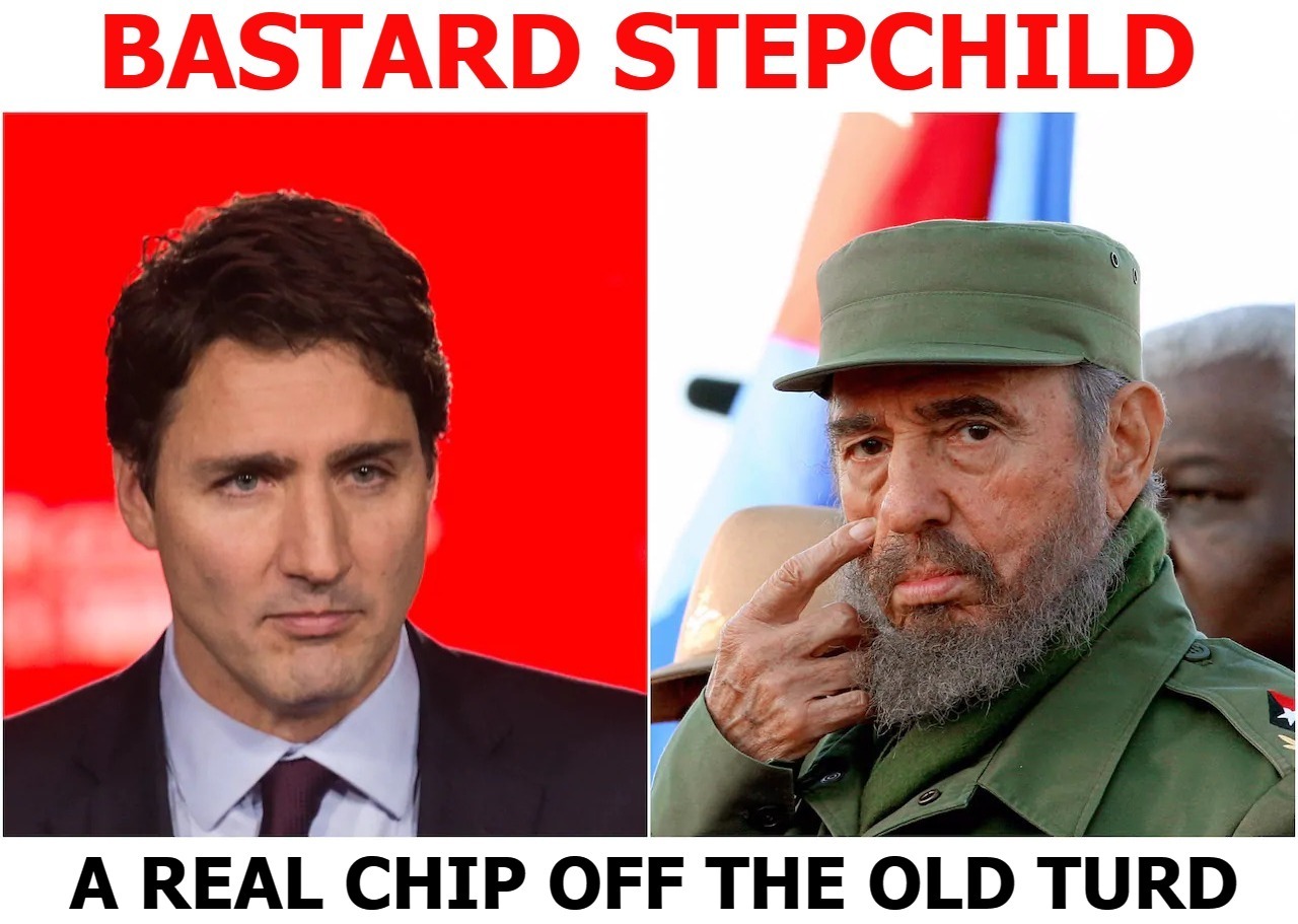 Bastard Stepchild: A Real Chip Off the Old Turd | image tagged in justin turdeau,justin trudeau,fidel castro,turds,shit for brains,crush the commies | made w/ Imgflip meme maker