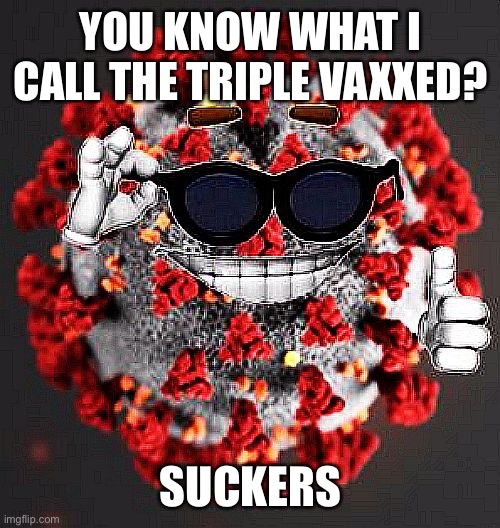COVID virus smile | YOU KNOW WHAT I CALL THE TRIPLE VAXXED? SUCKERS | image tagged in covid virus smile | made w/ Imgflip meme maker