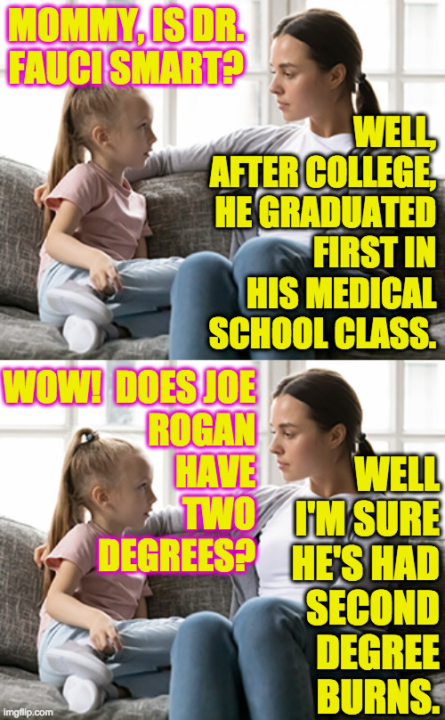 MOMMY, IS DR.
FAUCI SMART? WELL, AFTER COLLEGE, HE GRADUATED FIRST IN HIS MEDICAL SCHOOL CLASS. WOW!  DOES JOE
ROGAN
HAVE
TWO
DEGREES? WELL
 | image tagged in mother daughter talk | made w/ Imgflip meme maker