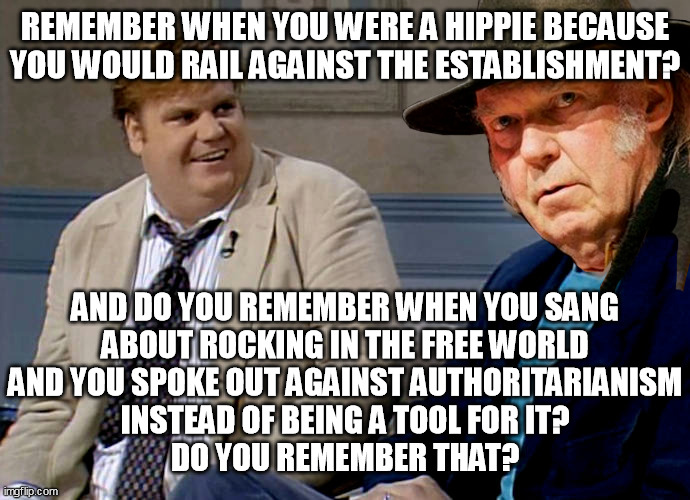 REMEMBER WHEN YOU WERE A HIPPIE BECAUSE
YOU WOULD RAIL AGAINST THE ESTABLISHMENT? AND DO YOU REMEMBER WHEN YOU SANG
ABOUT ROCKING IN THE FREE WORLD

AND YOU SPOKE OUT AGAINST AUTHORITARIANISM INSTEAD OF BEING A TOOL FOR IT?
DO YOU REMEMBER THAT? | image tagged in neil young,liberal hypocrisy,sell out,joe rogan,spotify | made w/ Imgflip meme maker