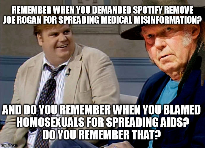 REMEMBER WHEN YOU DEMANDED SPOTIFY REMOVE JOE ROGAN FOR SPREADING MEDICAL MISINFORMATION? AND DO YOU REMEMBER WHEN YOU BLAMED
 HOMOSEXUALS FOR SPREADING AIDS?
DO YOU REMEMBER THAT? | image tagged in neil young,spotify,joe rogan,liberal hypocrisy,cancel culture,sell out | made w/ Imgflip meme maker
