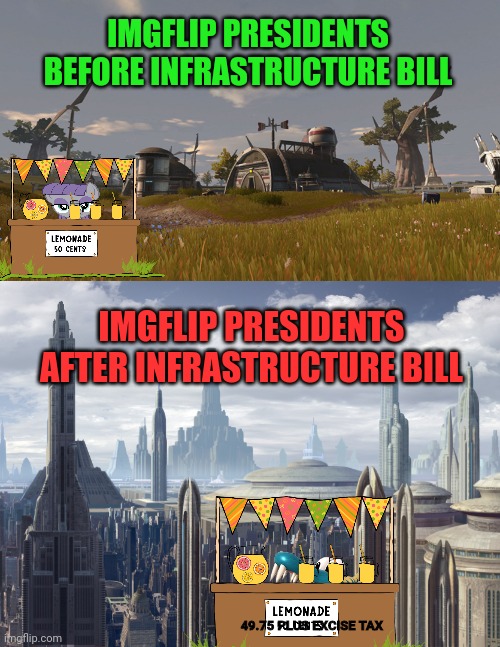 You'll own nothing. You'll be happy | IMGFLIP PRESIDENTS BEFORE INFRASTRUCTURE BILL; IMGFLIP PRESIDENTS AFTER INFRASTRUCTURE BILL; 49.75 PLUS EXCISE TAX | image tagged in imgflip,president,stream,infrastructure,bill | made w/ Imgflip meme maker