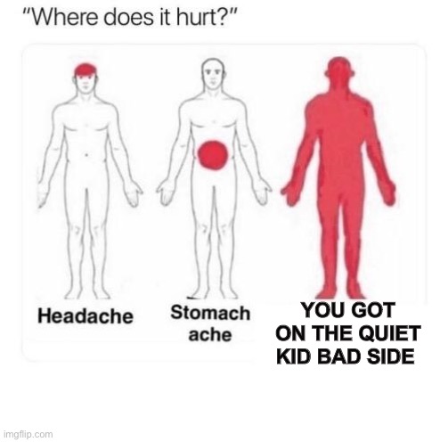 Where does it hurt | YOU GOT ON THE QUIET KID BAD SIDE | image tagged in where does it hurt | made w/ Imgflip meme maker