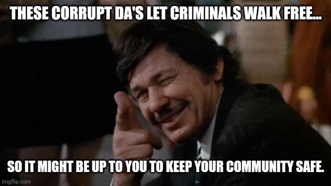 You could be someone's hero. | THESE CORRUPT DA'S LET CRIMINALS WALK FREE... SO IT MIGHT BE UP TO YOU TO KEEP YOUR COMMUNITY SAFE. | image tagged in bronson justice | made w/ Imgflip meme maker